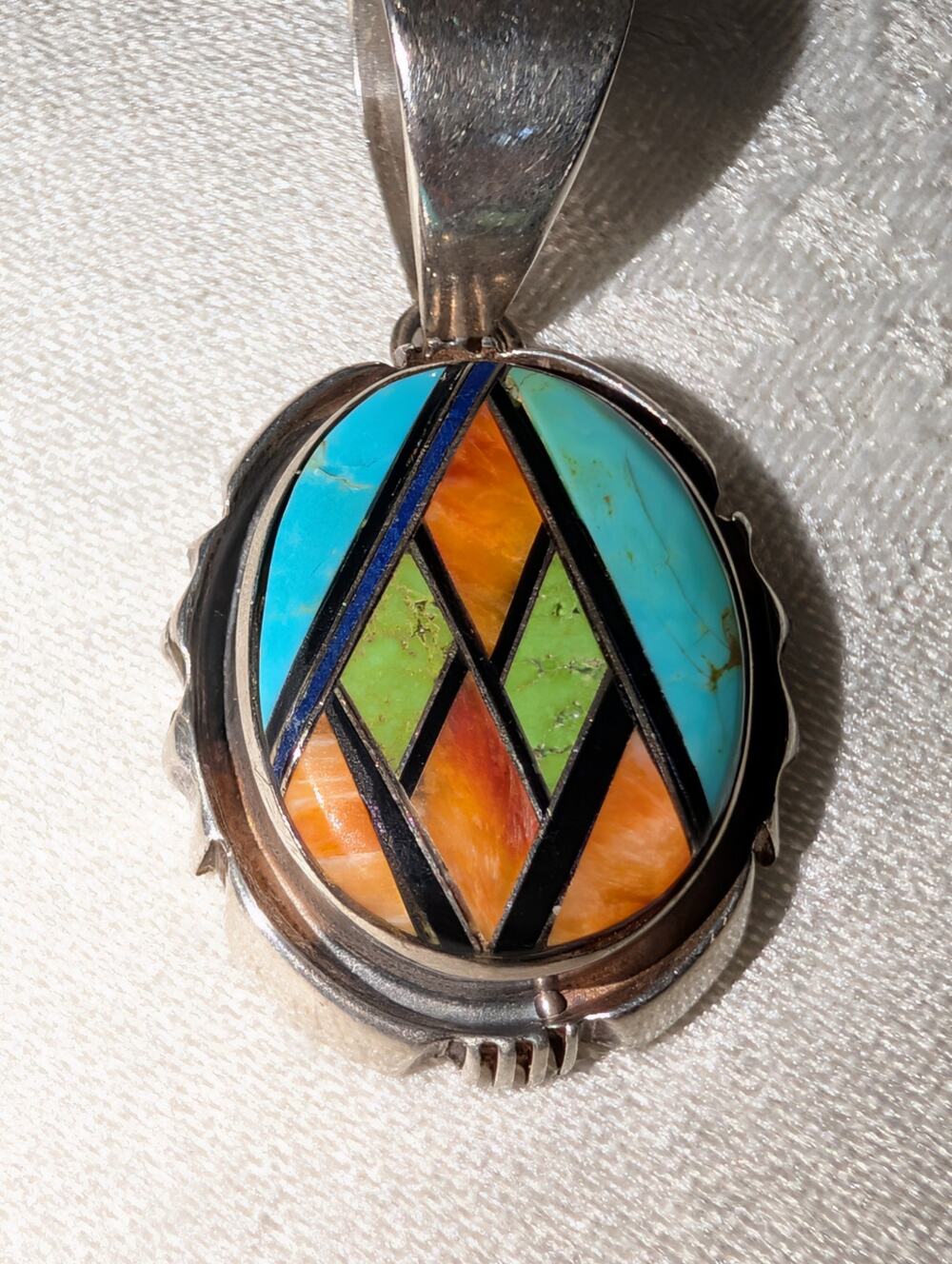 Vintage Navajo Phillip Sanchez Multi-Stone Mosaic Inlay Sterling Silver Pendant